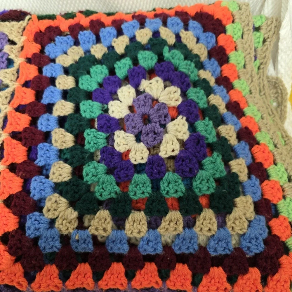 VTG Large Granny Square Afghan Black Crocheted Roseanne Throw Blanket  60